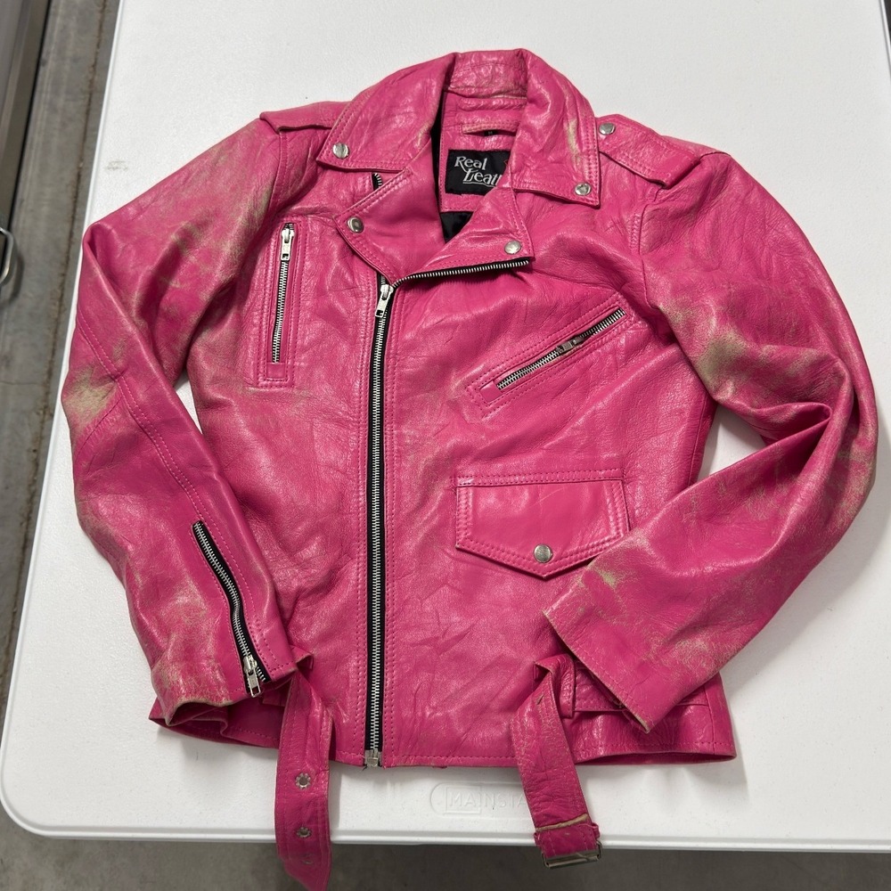 Real Leather Moto Jacket Womens Pink Fair Distressed Biker Belted Asymmetric Zip